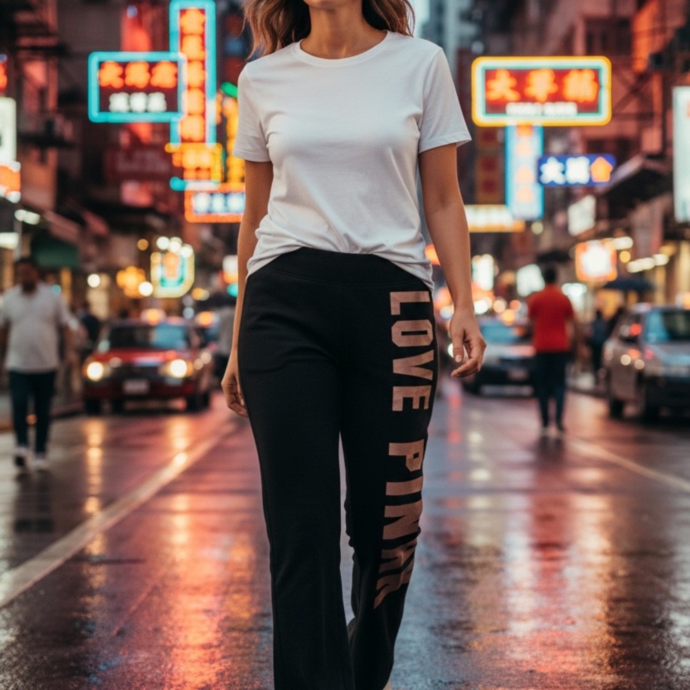 Victoria's Secret Black Track Pants with Pink Side Logo